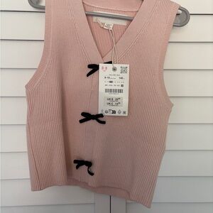 Zara Pink Knit Top with Black Bow Details